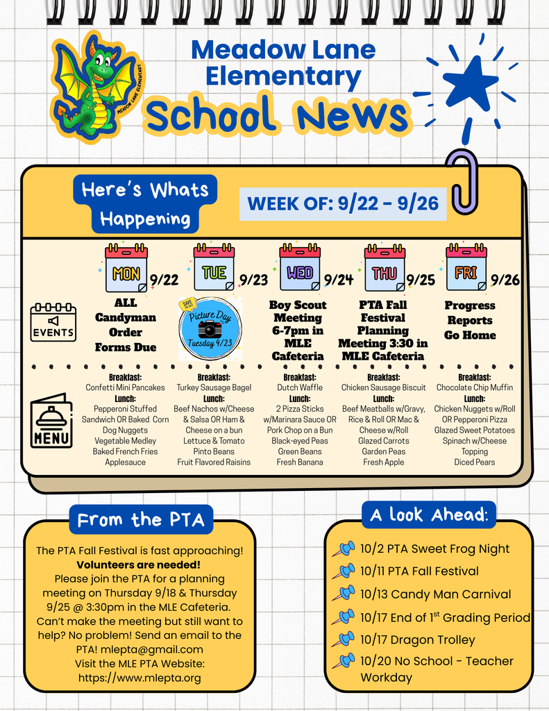 news flyer with dragon and star highlighting upcoming weekly events and lunch menu