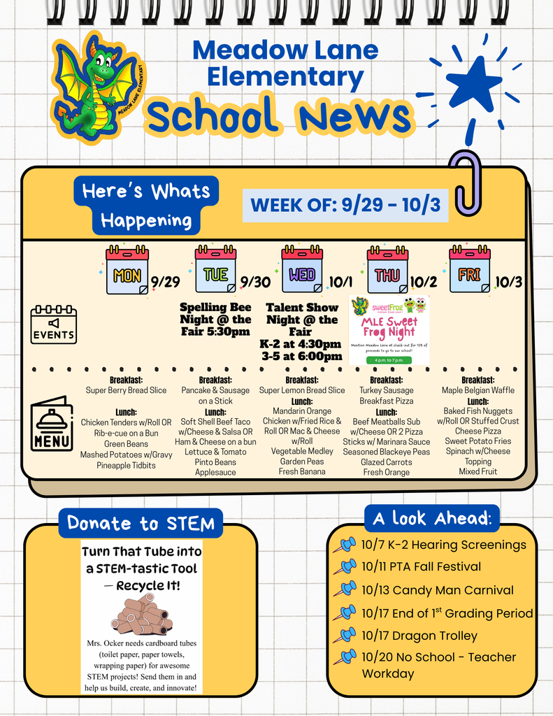 school news flyer with dragon and events and menu for the week