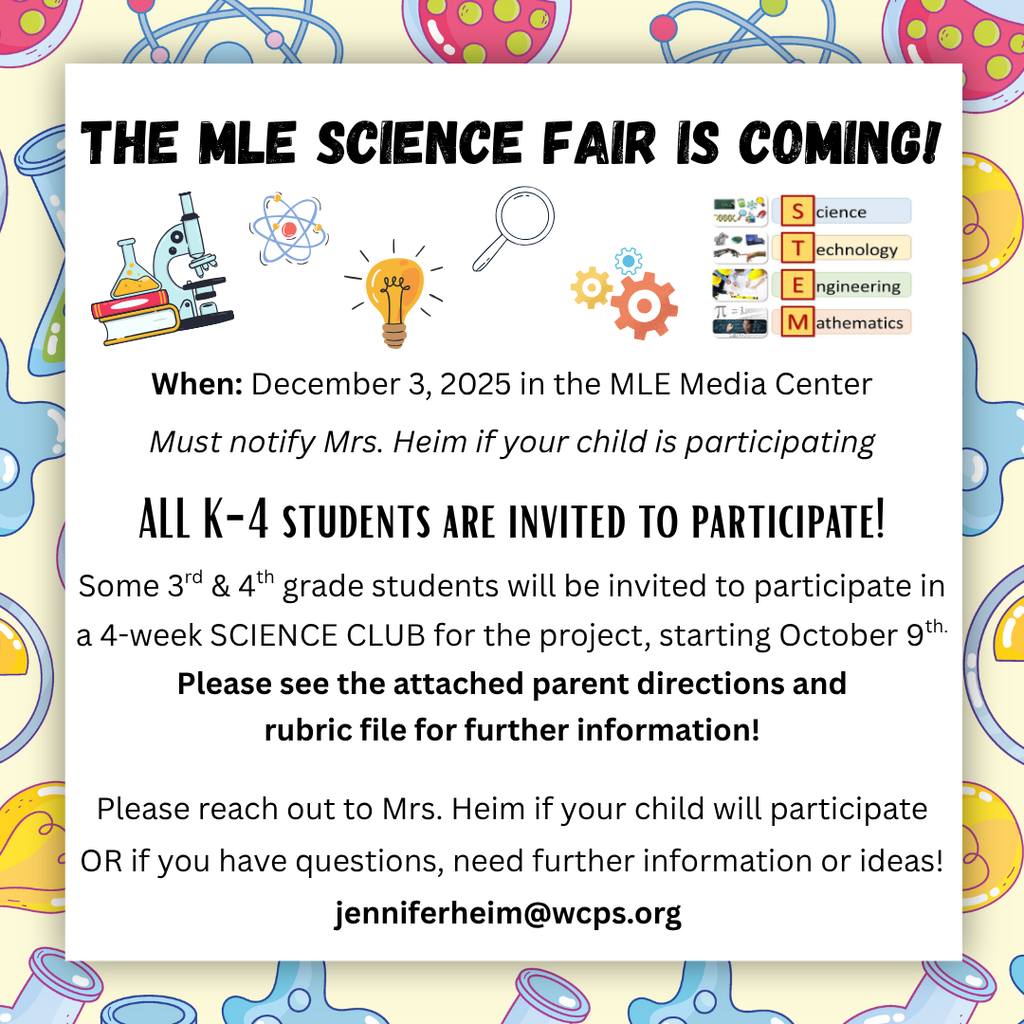 mle science fair announcement with science background and science images on flyer
