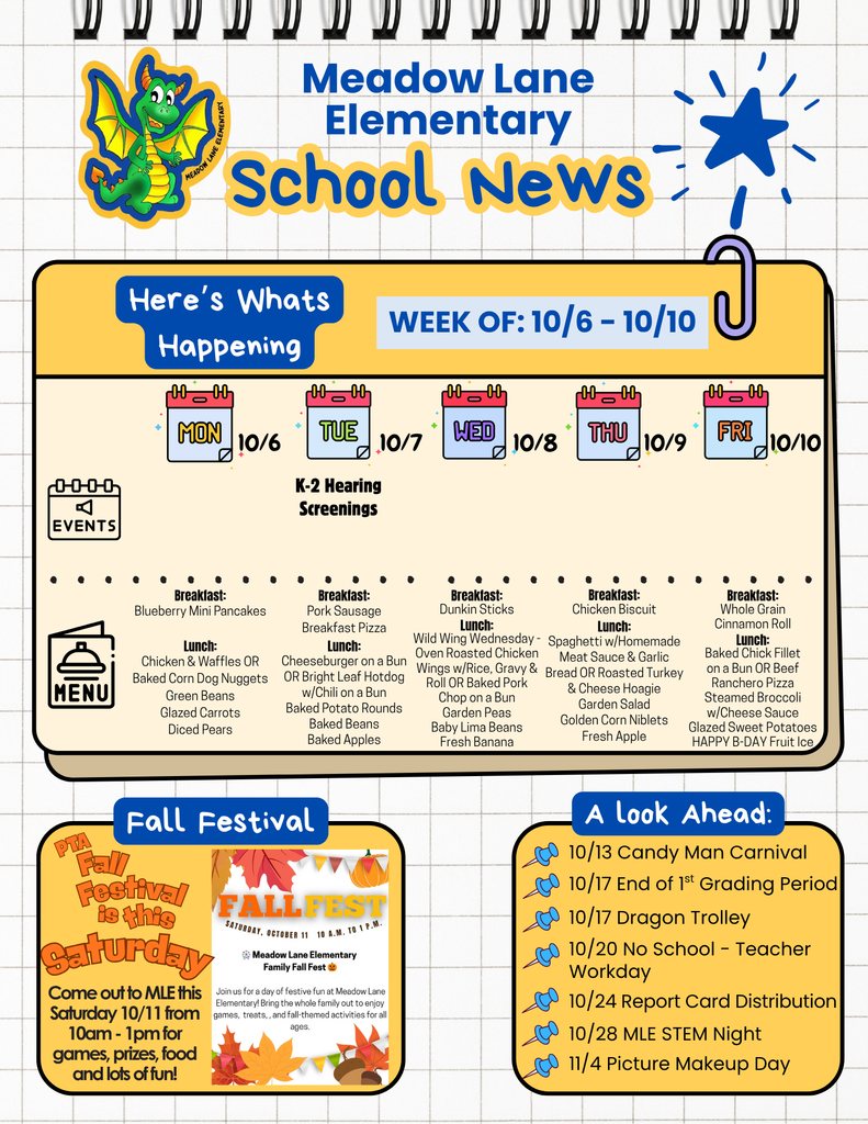 mle weekly news flyer with dragon logo; events and lunch menu for upcoming week