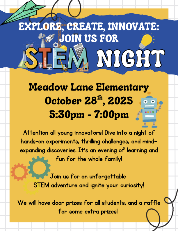 STEM night flyer with robot, light bulb, gears