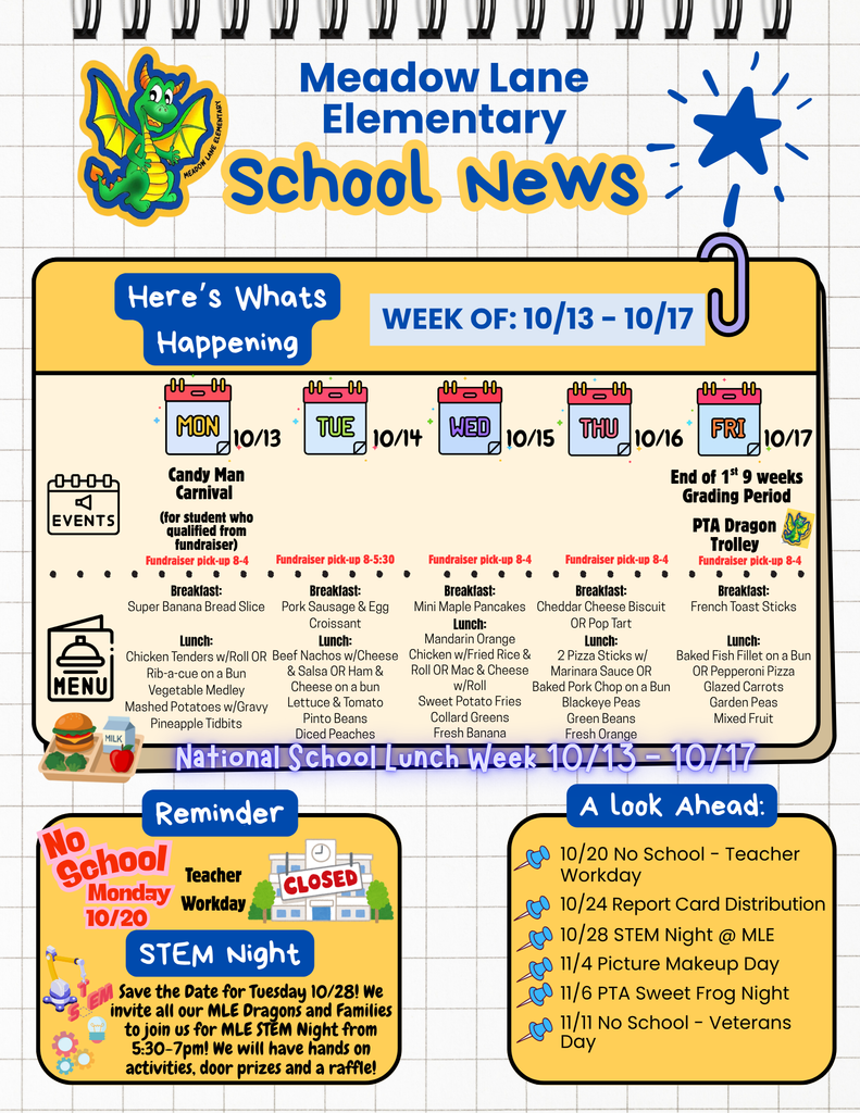 mle weekly news flyer with breakfast and lunch menu, dragon and events for week