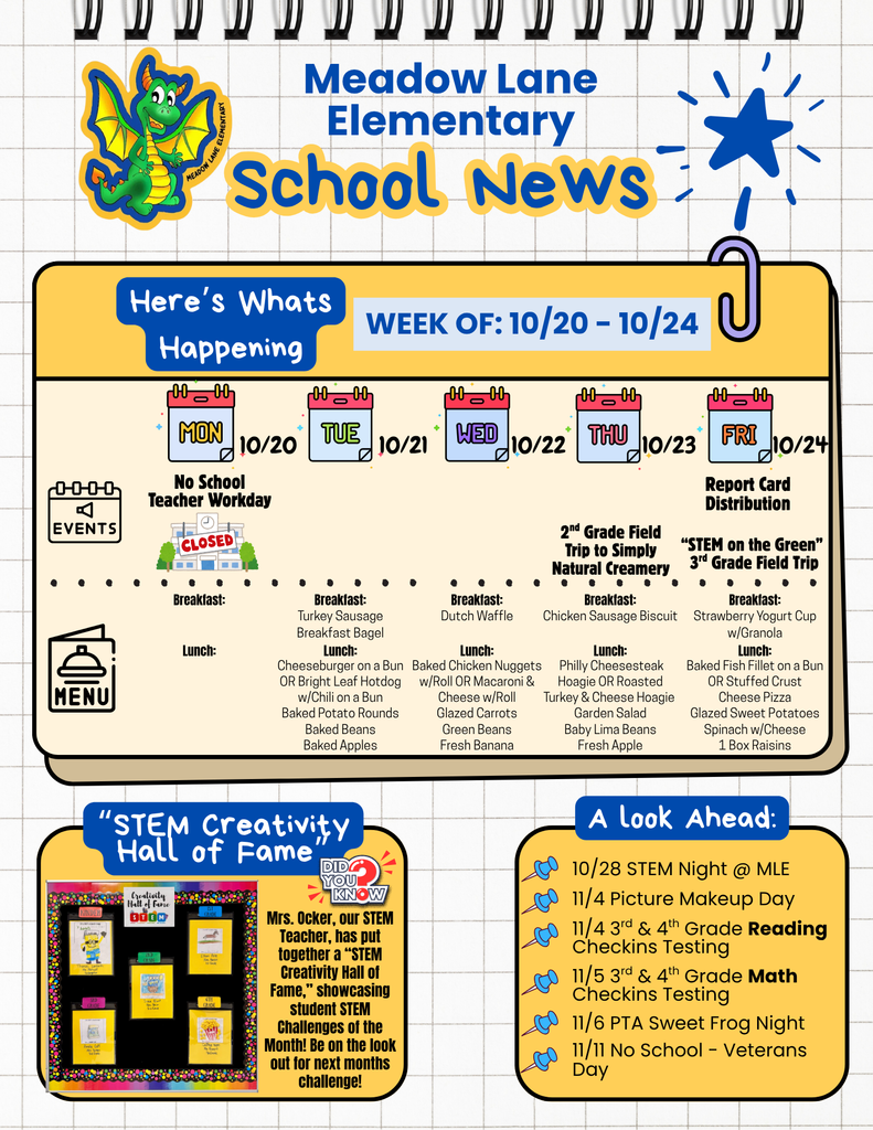 mle dragon news flyer with dragon and breakfast, lunch menu with weekly events