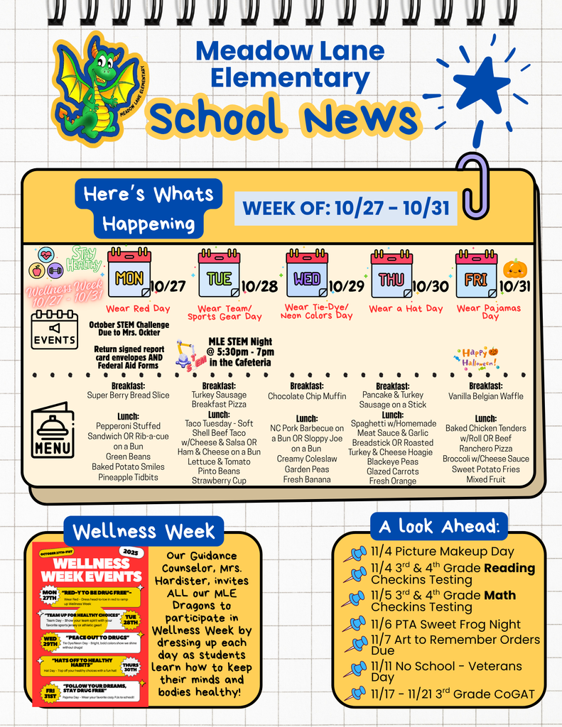 mle dragon news flyer with lunch menu and upcoming weekly events