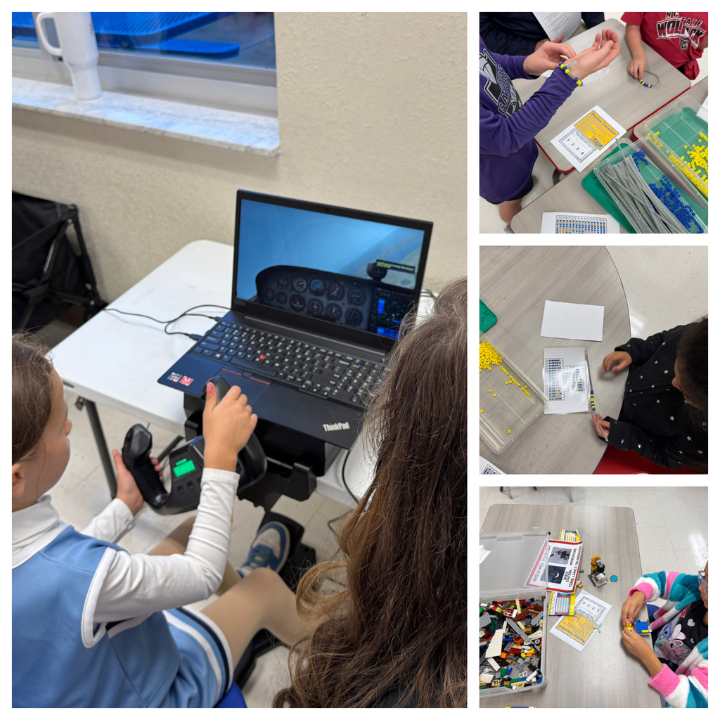 student on computer, building beads and legos