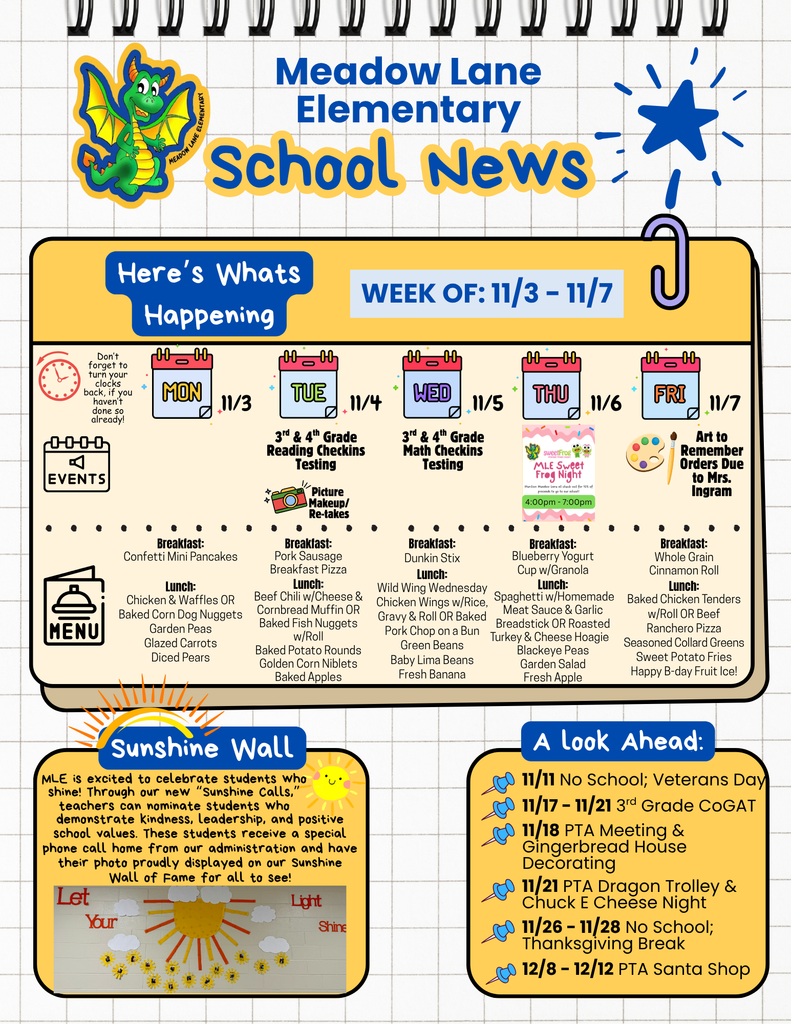 mle dragon news flyer with lunch menu and upcoming events for the week