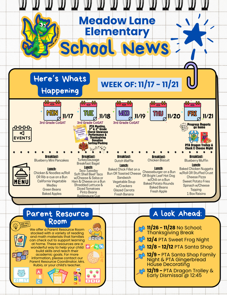 mle dragon news flyer with lunch and breakfast and weekly events