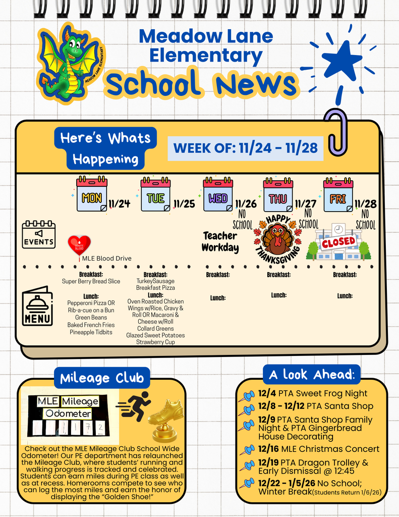 mle dragon news with lunch menu and breakfast and upcoming dates/events