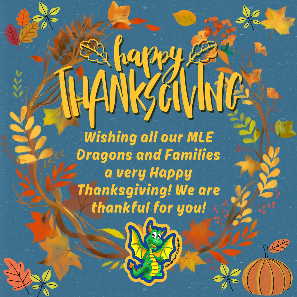 happy thanksgiving sign with leaves all around and mle dragon at bottom