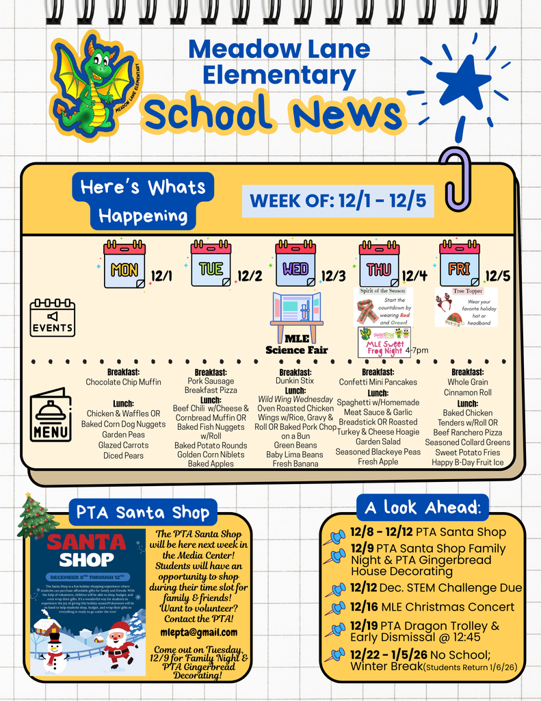 mle dragon news with lunch menu, breakfast menu and upcoming events for the week
