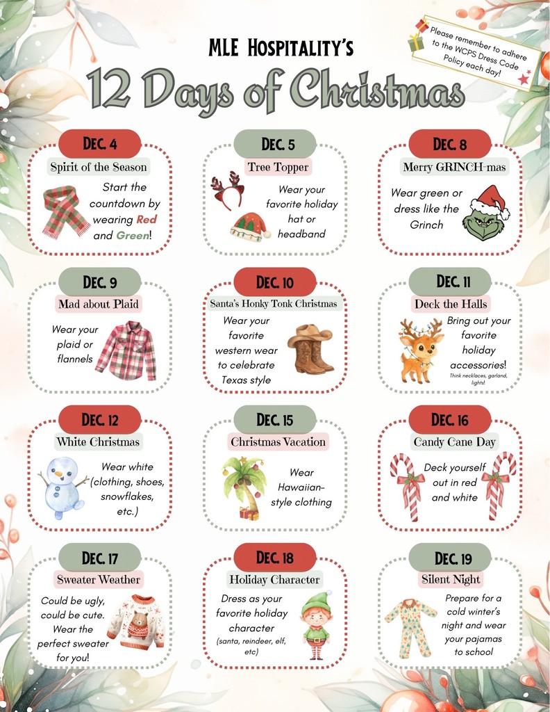 the mle 12 days of Christmas dress up schedule