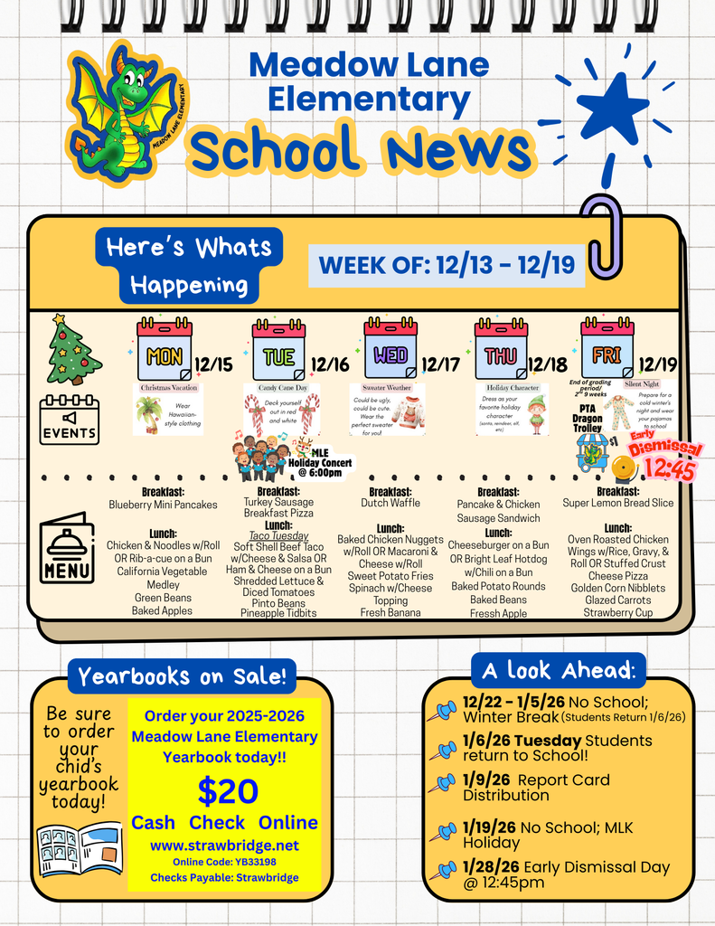 mle dragon news flyer with lunch and breakfast menu and upcoming events