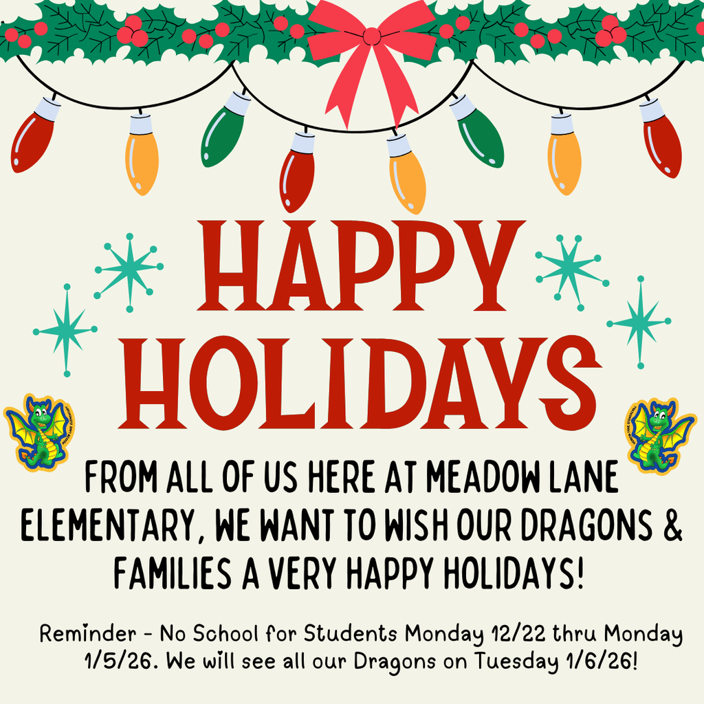 Christmas lights at top with garland and 2 dragons; flyer wishing happy holidays