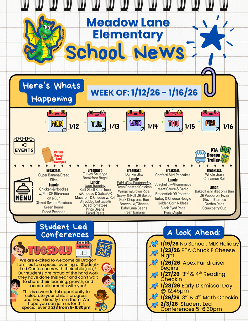 mle dragon news flyer with lunch and breakfast menu and important dates