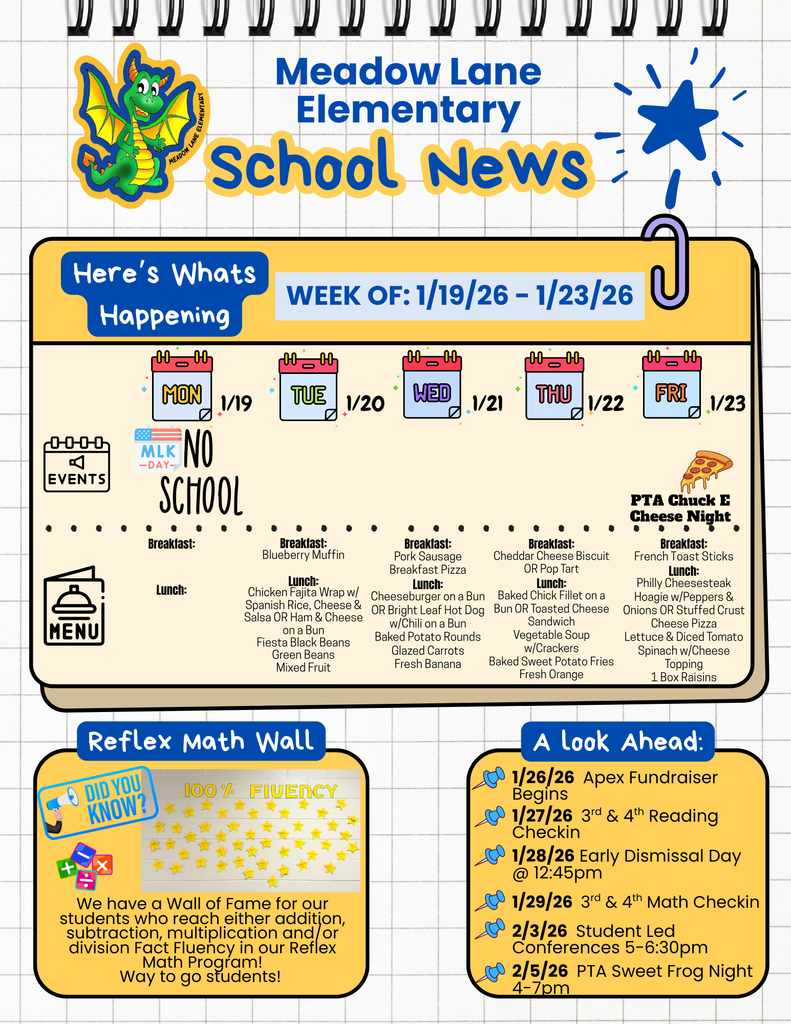 school weekly news flyer  with lunch and breakfast menu