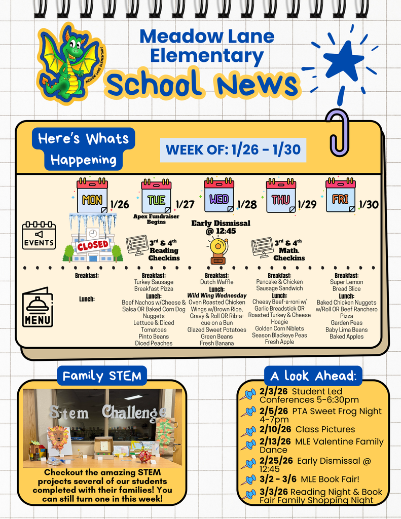 mle dragon news flyer with lunch and breakfast menu and upcoming events