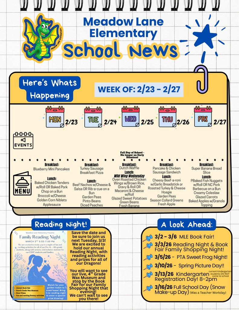 weekly news flyer with breakfast and lunch menu and upcoming events