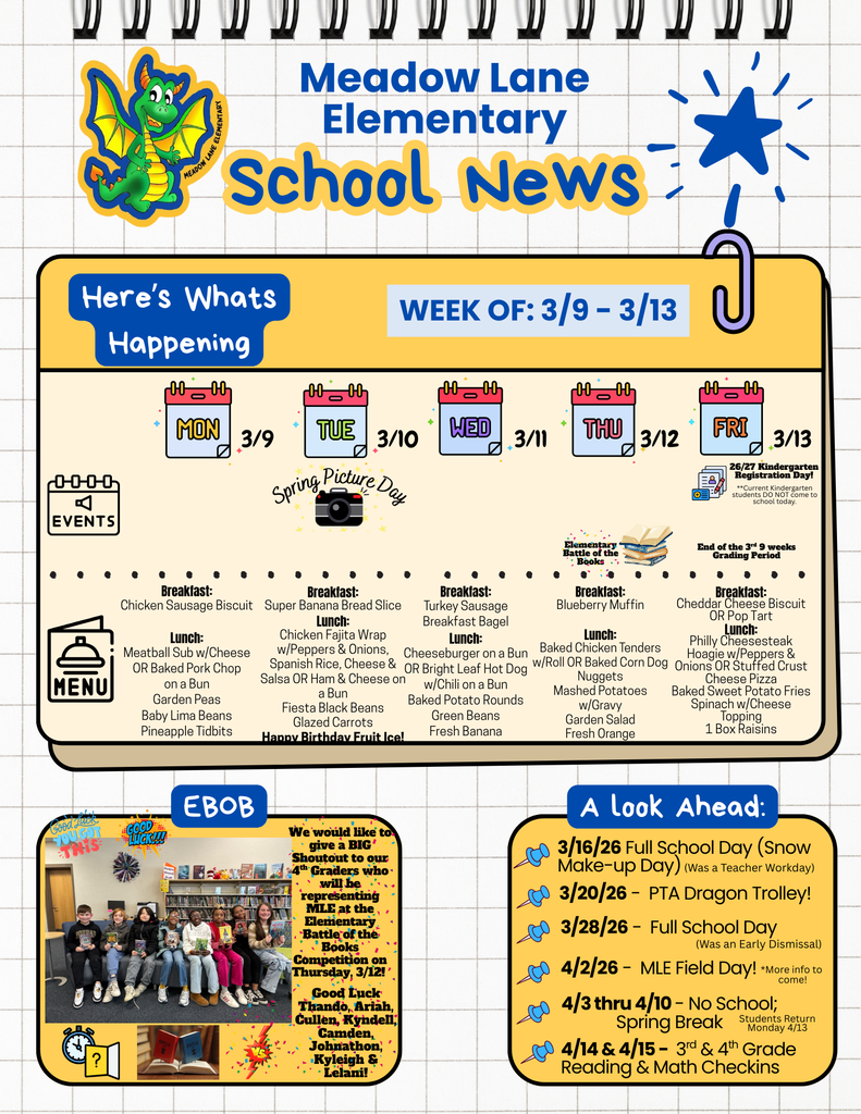dragon news flyer with week events and breakfast and lunch menu