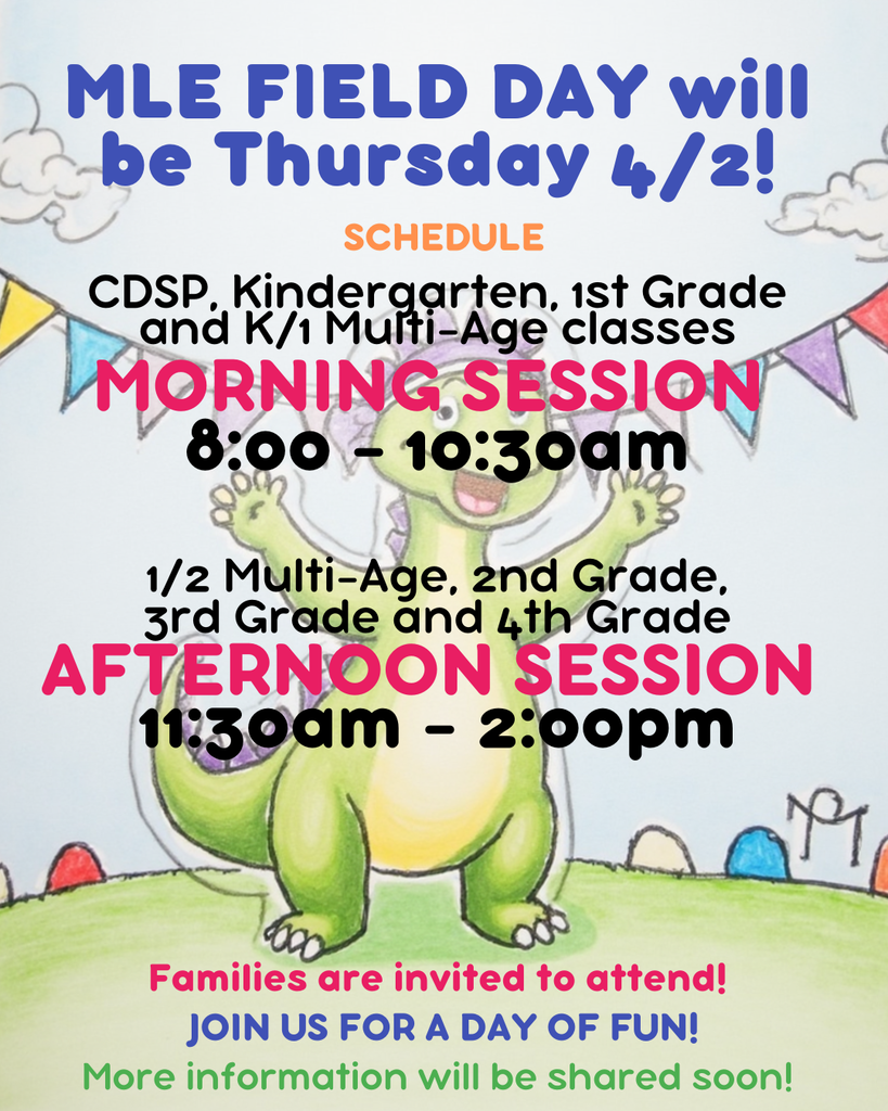 cartoon dragon announcing field day with 2 sessions; one in the morning and one in the afternoon
