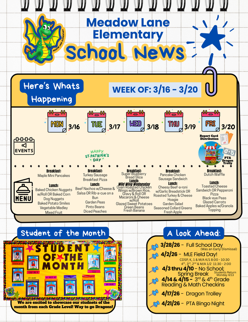 mle dragon news flyer with breakfast and lunch menu and upcoming events