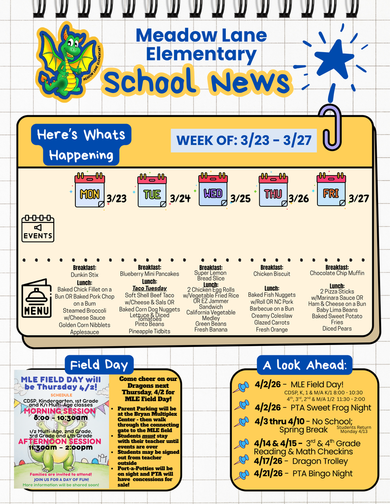 mle dragon news flyer with upcoming events and weekly breakfast and lunch menu