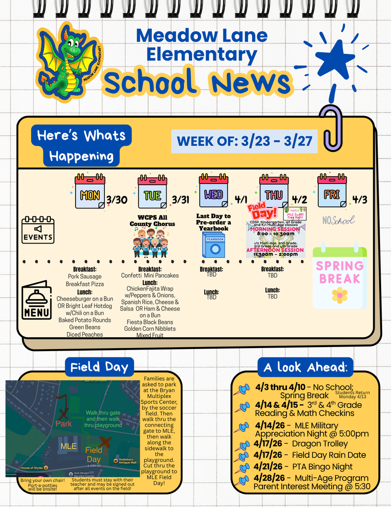 mle dragon news letter with upcoming events and breakfast and lunch menu