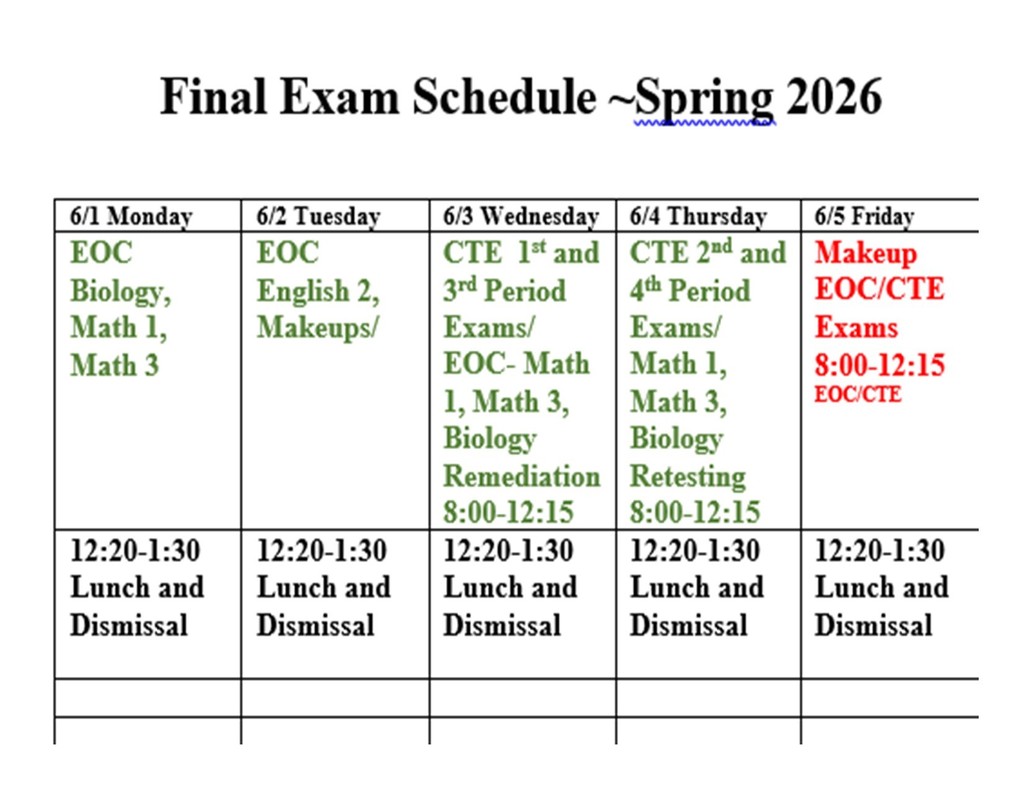 testing final exam schedule