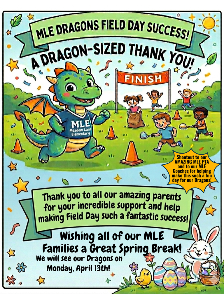 field day success and thank you message with a dragon and kids competing in field day activities