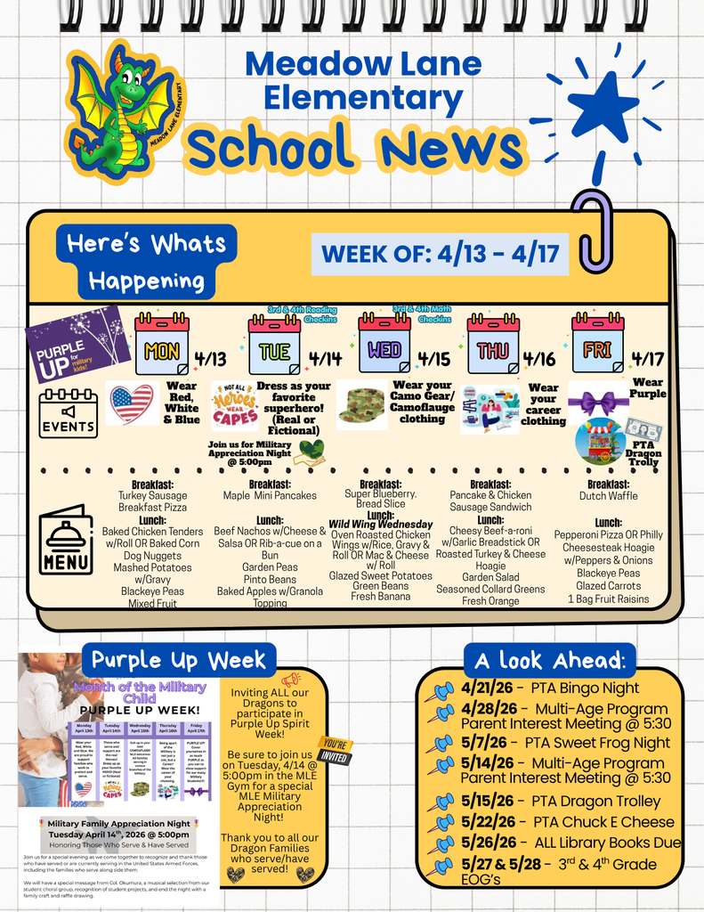 mle dragon news flyer with breakfast and lunch menu and the weekly events and upcoming events
