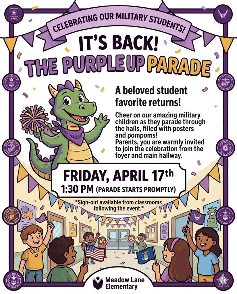 purple up parade flyer with kid friendly dragon and students 