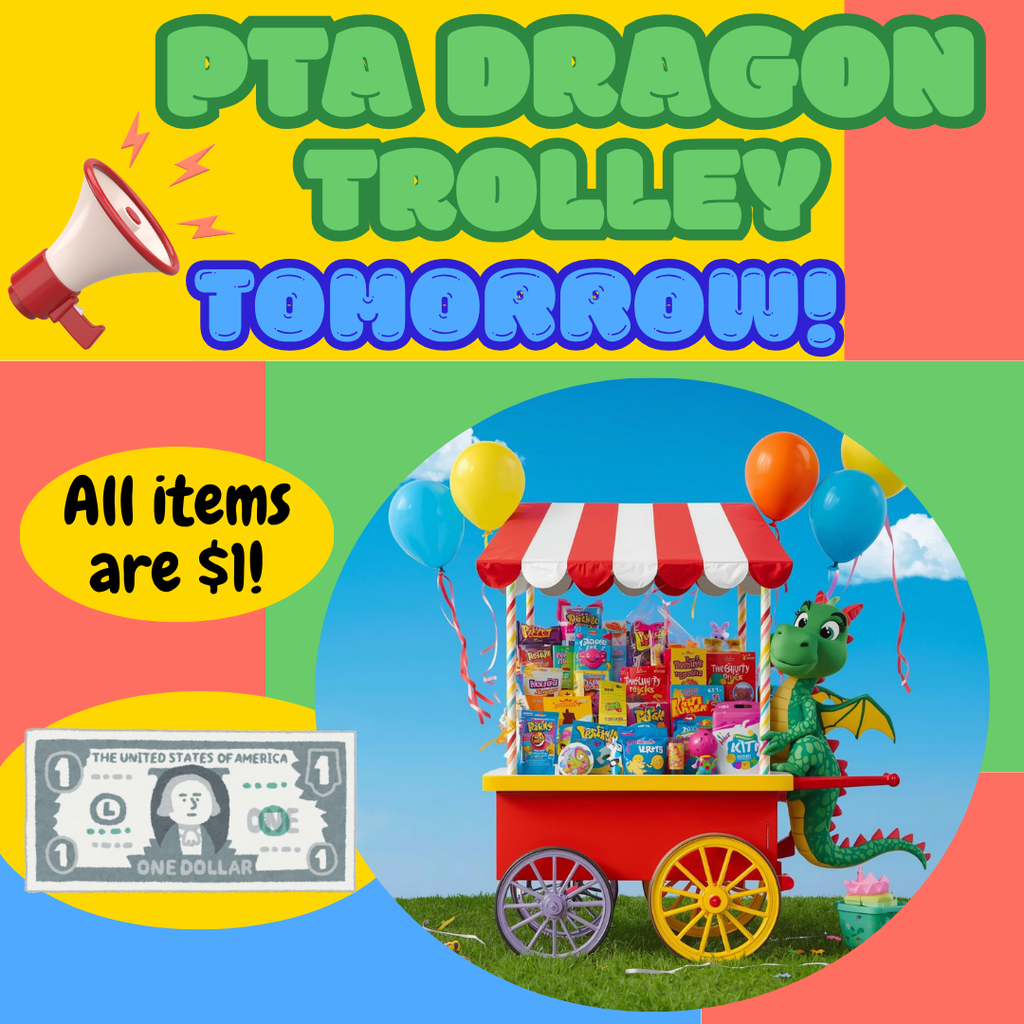 PTA Dragon Trolley reminder with dragon pushing a trolley of items