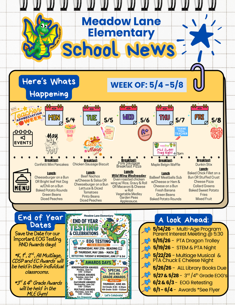 mle dragon news flyer with breakfast and lunch menu and end of year special dates
