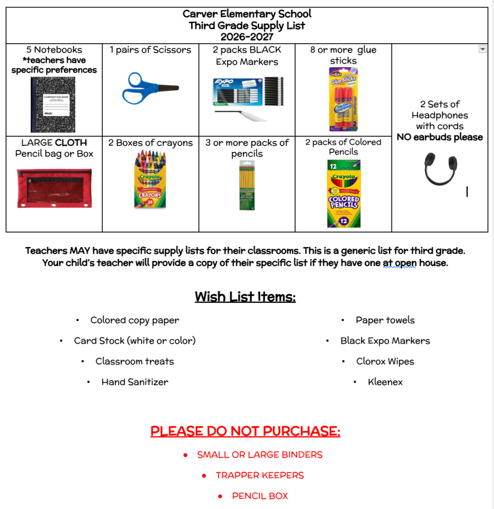 Third Grade Supply List