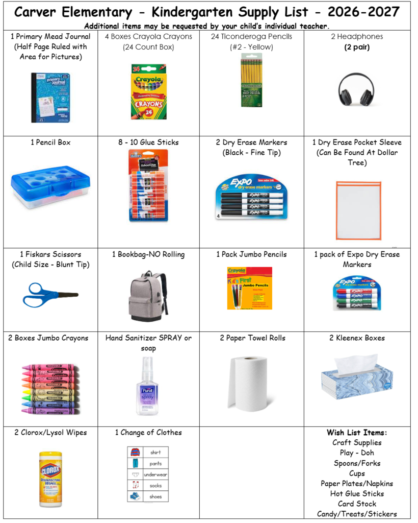 Kindergarten Supply List 
