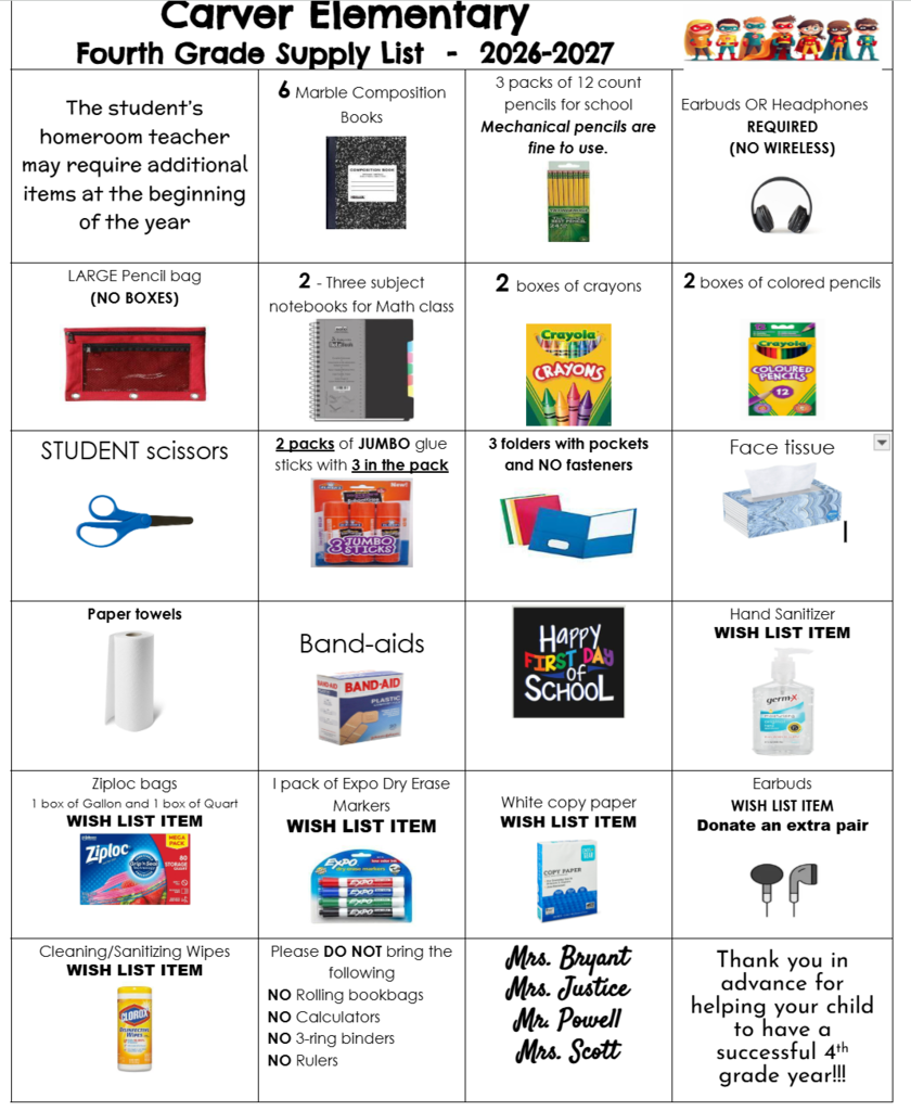 Fourth Grade Supply List