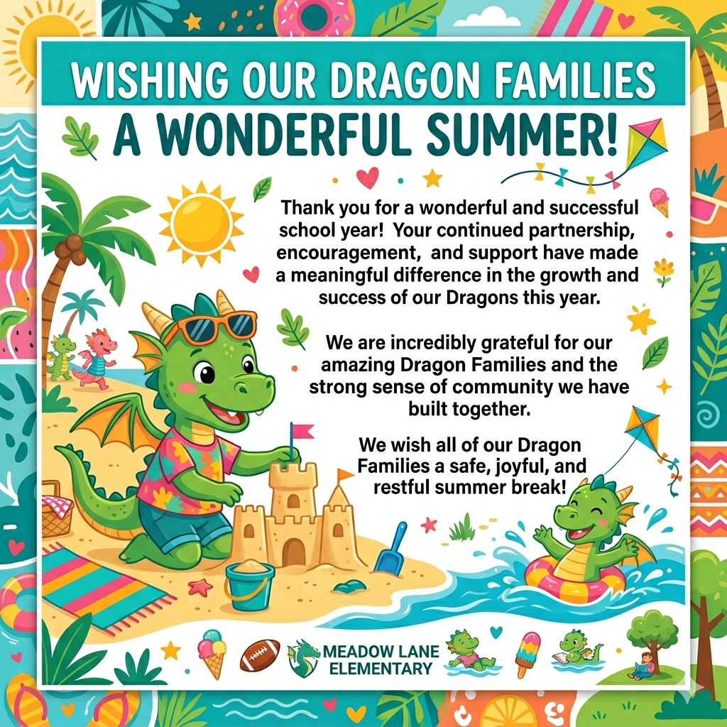 dragon building a sand castle with thank you message for great summer