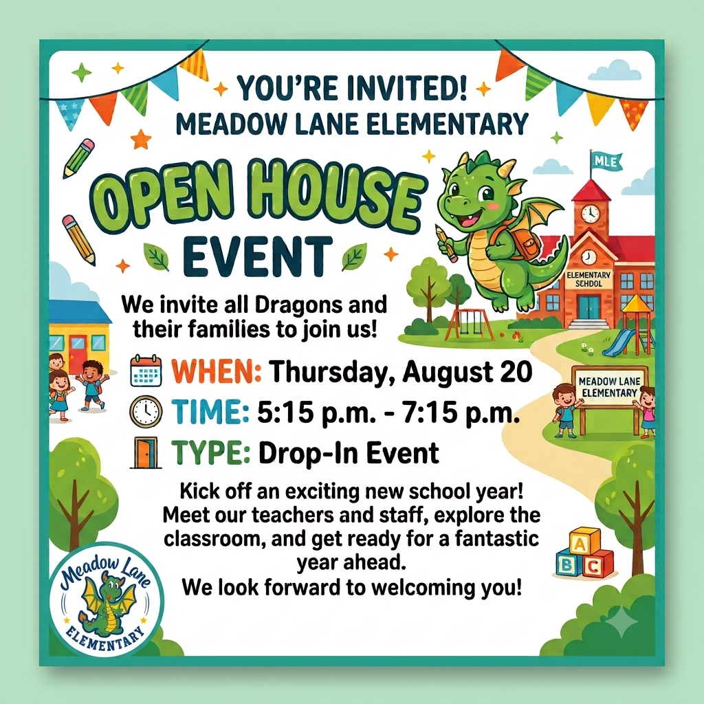 open house flyer with dragon and event time and date
