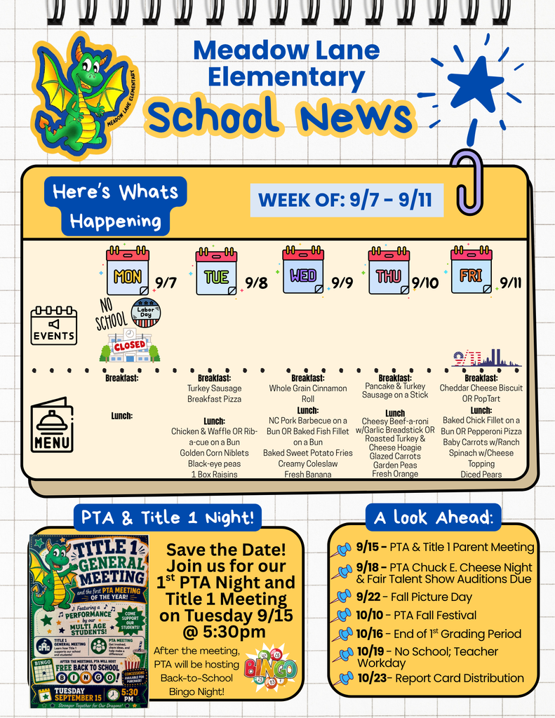 mle dragon news flyer with breakfast and lunch menu and upcoming event dates