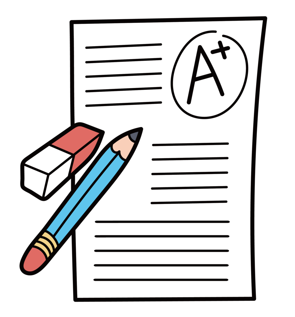 Test paper with A+ and a pencil and eraser.