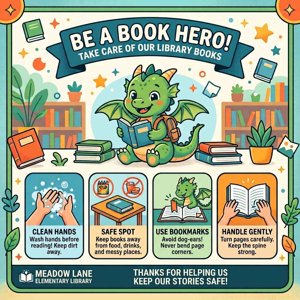 be a library book hero- flyer to remind students to take care of library books; use clean hands, keep in safe spot, use bookmarks and handle gently