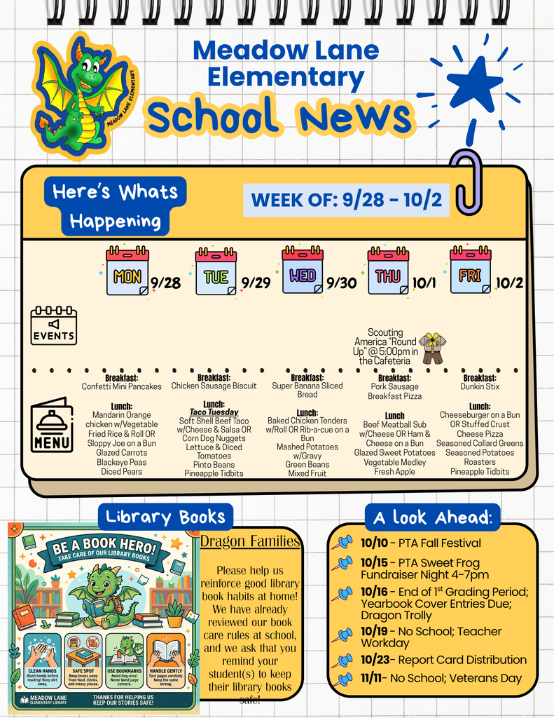 mle dragon news flyer with breakfast and lunch menu for week with upcoming events and reminder to take care of library books