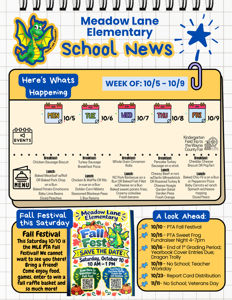 mle dragon news flyer with breakfast and lunch menu and announcement for fall festival this Saturday