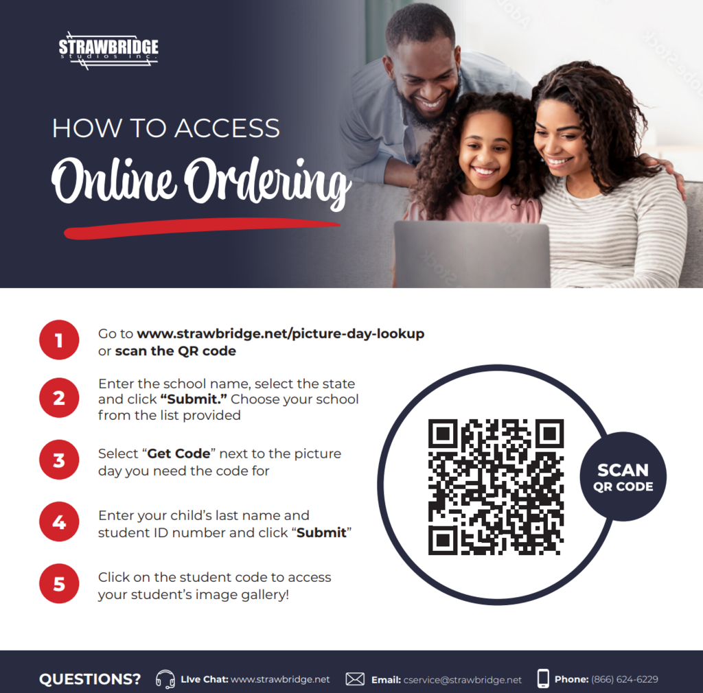 Directions and QR code for ordering school pictures online.