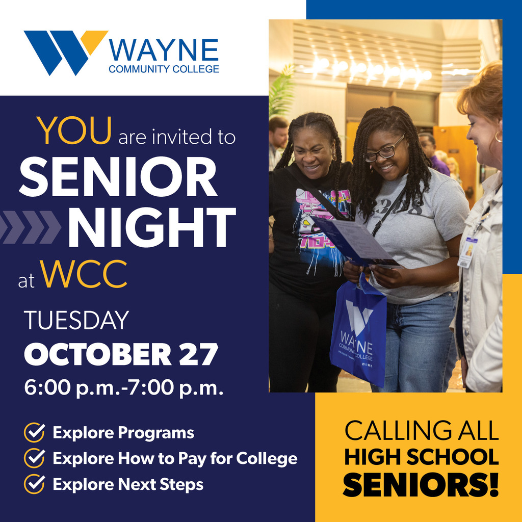 Senior night invitation to all high school seniors at WCC on 10/27/26 from 6-7 p.m.