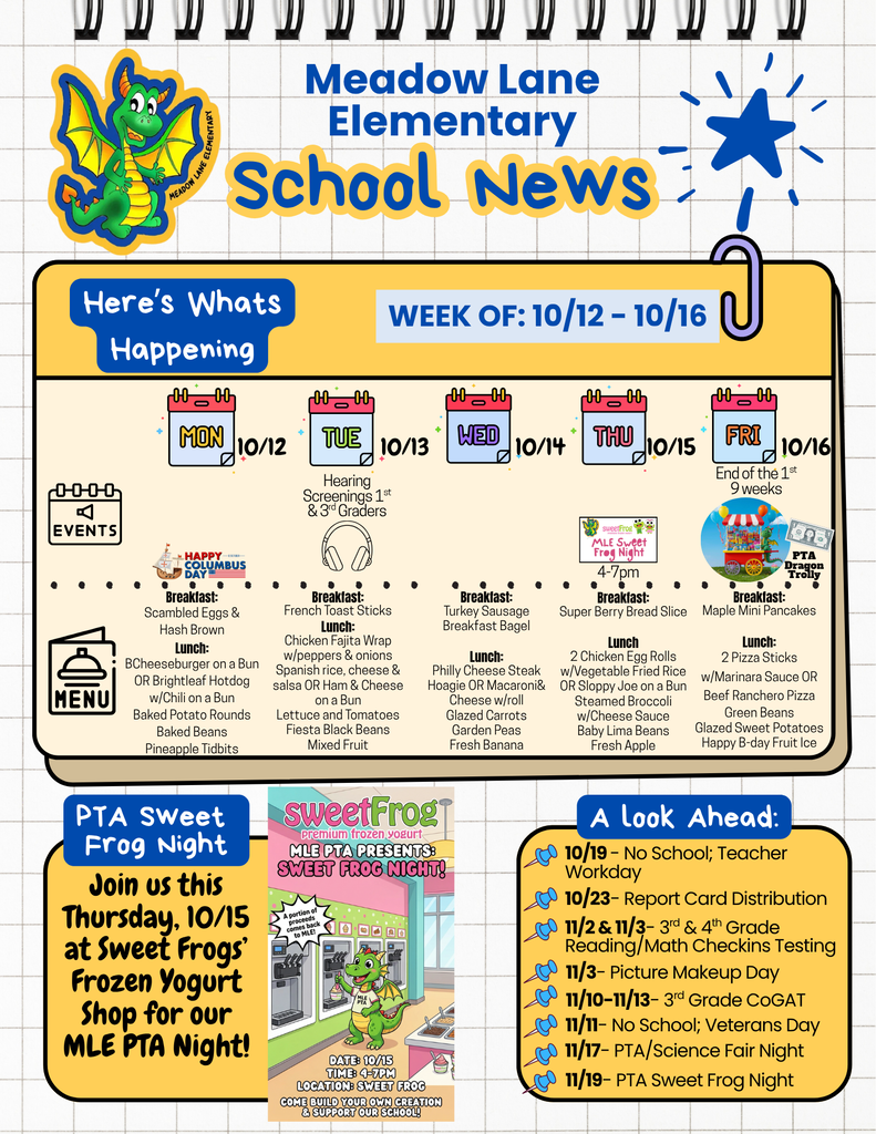 mle dragon news flyer with breakfast and lunch menu, upcoming events, including pta sweet front night no 10/15 and dragon trolly on 10/16