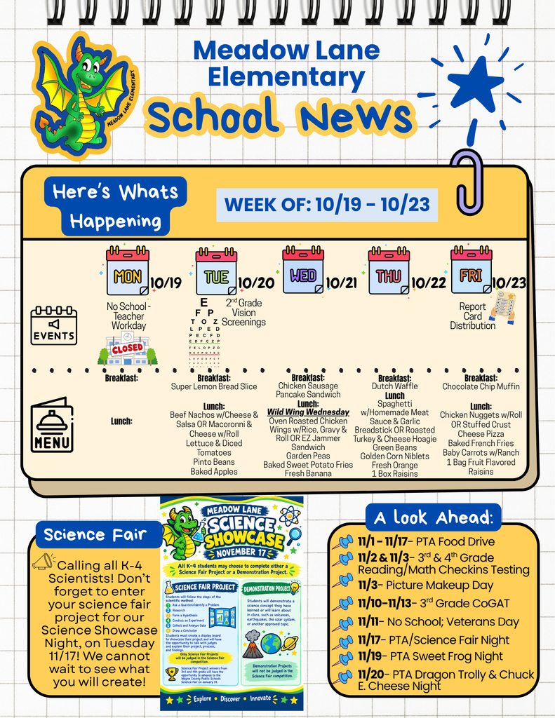 mle dragon news flyer with breakfast and lunch menu and upcoming event dates