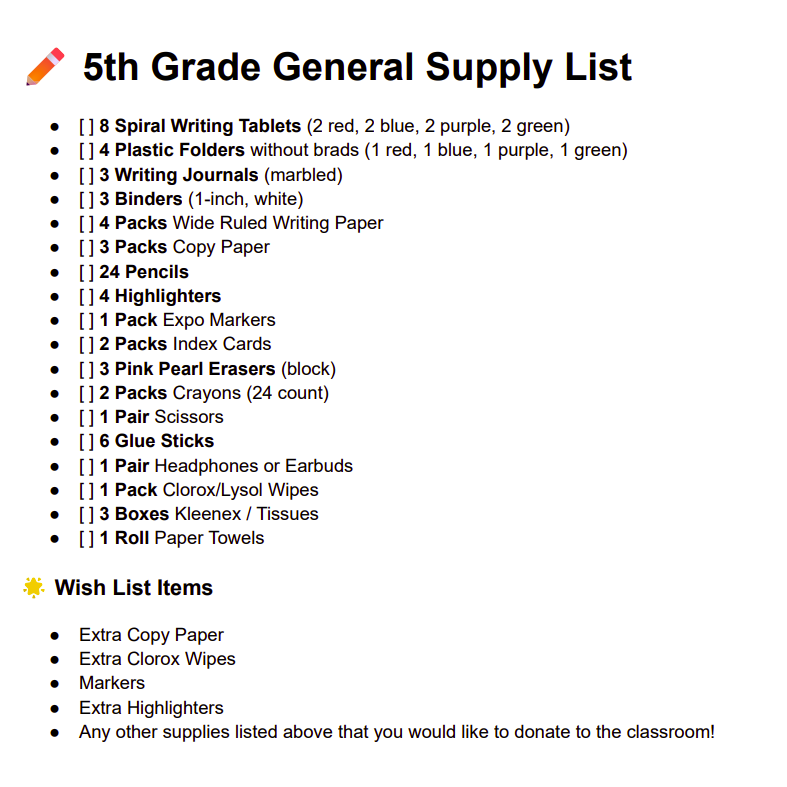 Supply List 5