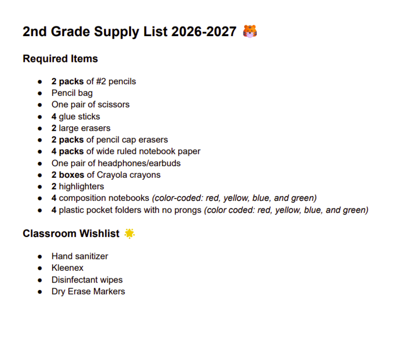 supply list 2nd
