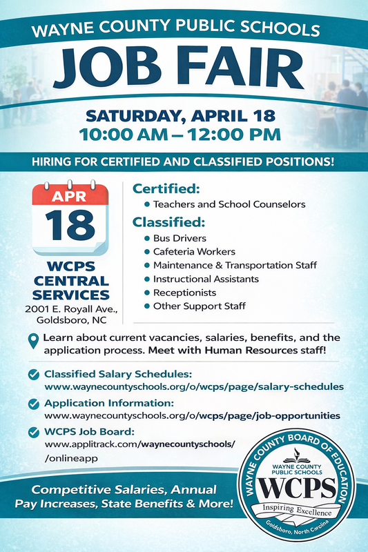 Wayne County Public Schools Job Fair details listed  as a graphic.