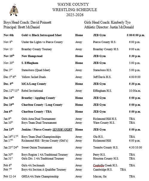 WCHS Wrestling Schedule 25-26